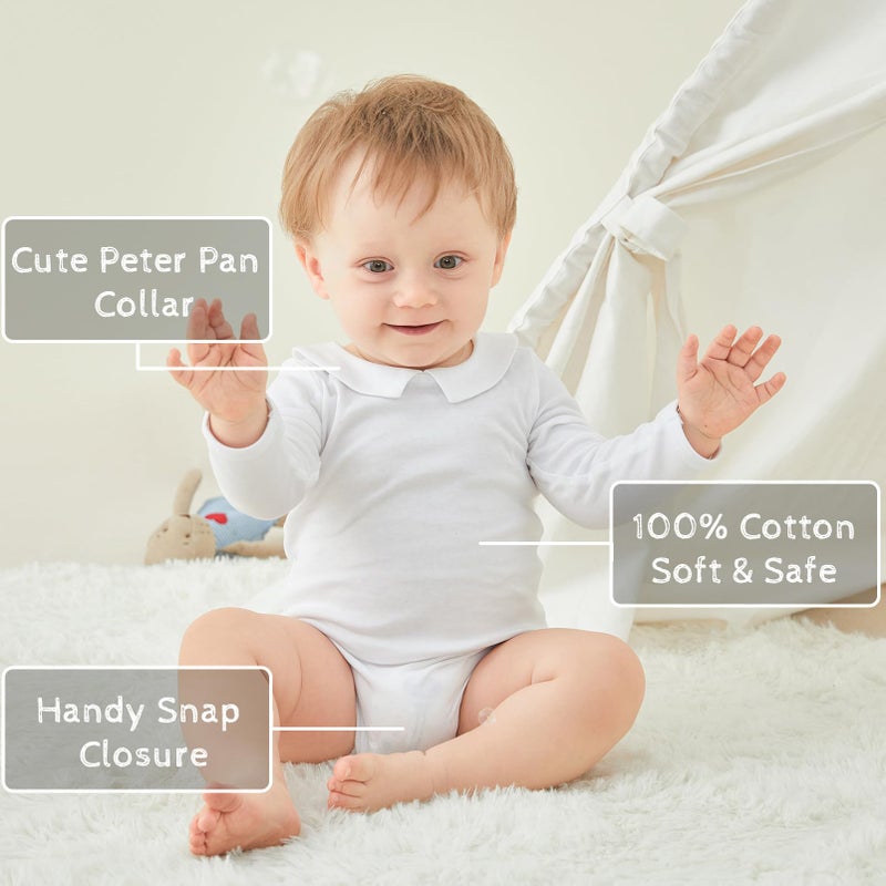 pureborn Baby Boy Girl Long Sleeve Cotton Bodysuit Spring Fall Peter Pan Collar Romper Solid White 6-9 Months - Image 2